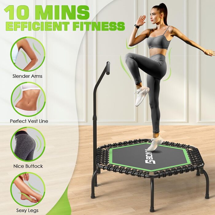 Батут для дому BCAN Fitness, діаметр 102/122 см, з пружинами/ bungee-шнурами, для дорослих до 250 кг, з регульованими ручками, тихий та з низькою вібрацією, 122 см, зелений