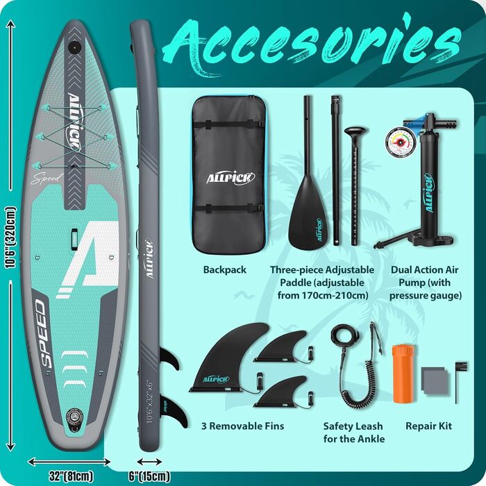 ALLPICK SUP Board Premium набір: Дошка для Stand Up Paddling надувна, з кріпленням для камери, повний комплект аксесуарів, регульоване весло, для початківців та просунутих, вантажопідйомність 200 кг, сіро-зелений
