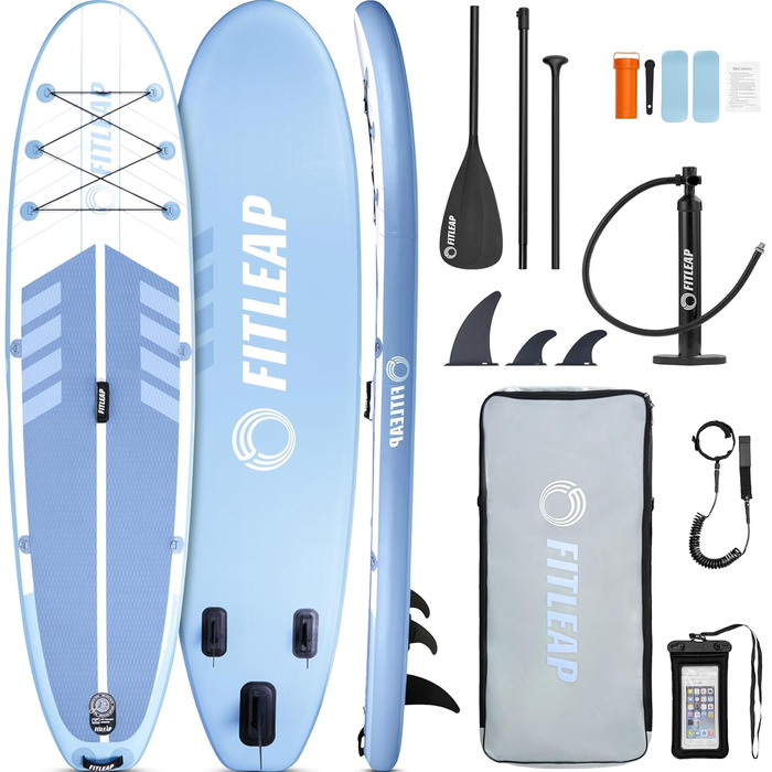 Надувний SUP Борд Fitleap Premium Stand Up Paddle Board - Комплект з насосом, веслом та рюкзаком. Підходить для йоги, серфінгу та водних видів спорту. Для 1 особи.