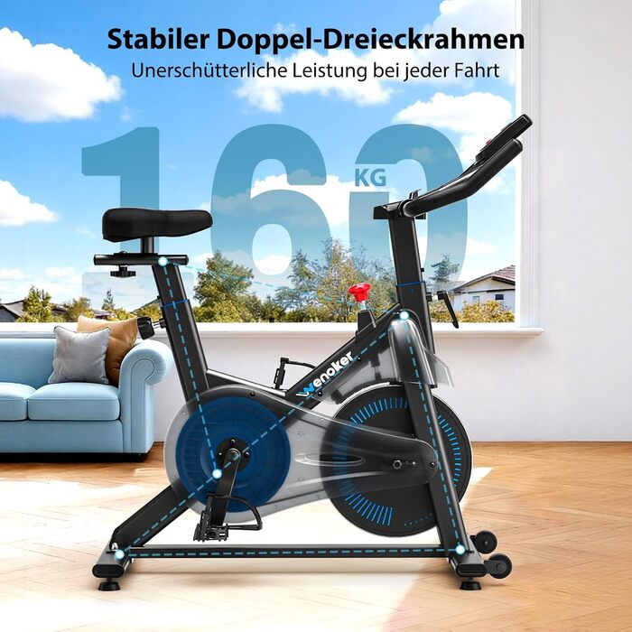 Велотренажер Wenoker з регульованим магнітним опором, ергометр, фітнес-велосипед з LCD-монітором, тримачем для планшета, Bluetooth, для дому, до 160 кг, блакитний