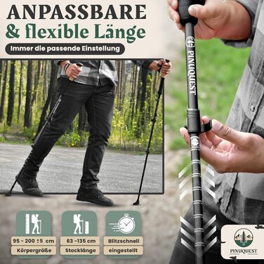Треткінгові палиці Pinuquest - телескопічні, алюмінієво-карбонові, 95-200 см, з ергономічною ручкою з корку та 4 насадками для будь-якого рельєфу. Зелені (карбон)