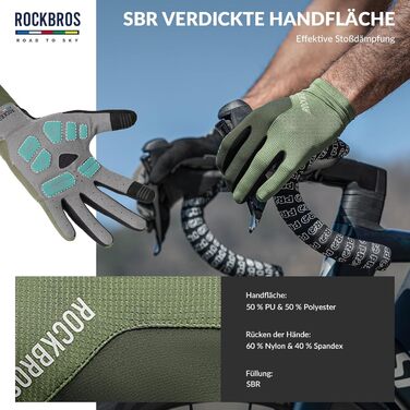 Велосипедні рукавички ROCKBROS Road to Sky: повний палець, сенсорний екран, дихаючі, для чоловіків та жінок, MTB, шосе, велосипед, їзда на велосипеді, зелені