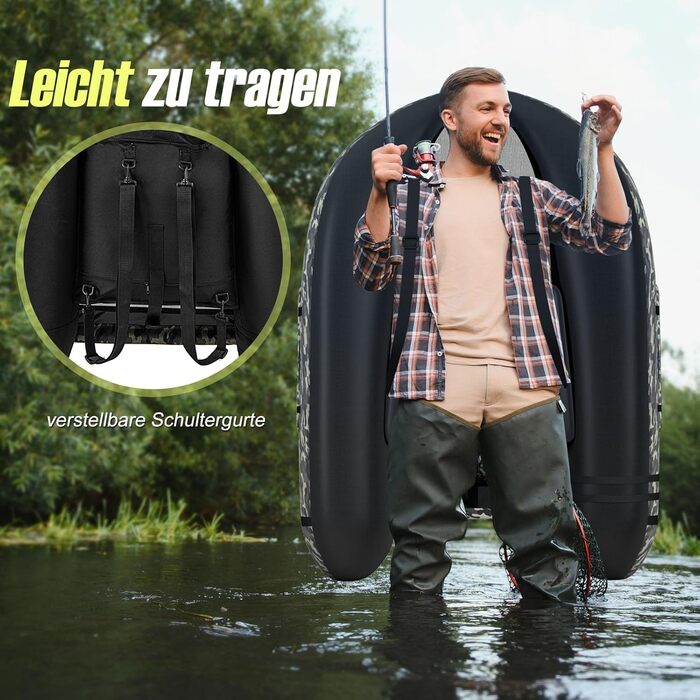 Надувне рибальське човен GYMAX: компактне belly boat з насосом, веслами та регульованими ременями. Міцне, до 150 кг, з лінійкою для риби, камуфляж.