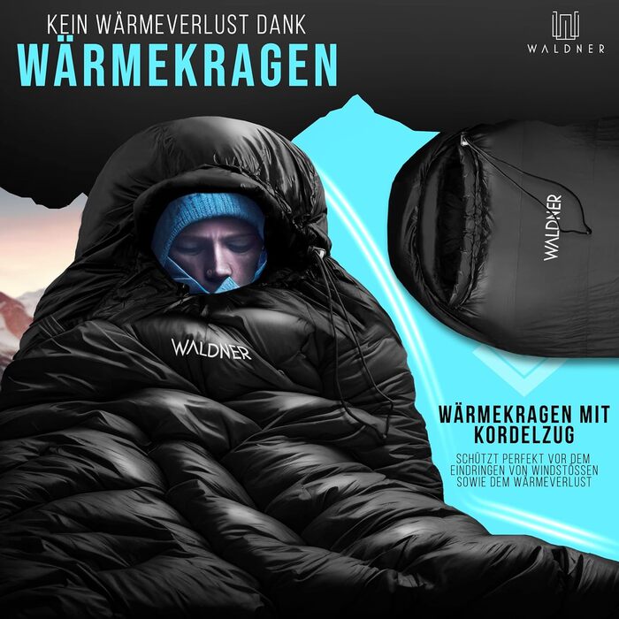 Спальний мішок WALDNER Daunenschlafsack Ultraleicht – ультралегкий, 4 сезони, 800г пуху, 600FP, для кемпінгу та відпочинку на природі, до 200 см