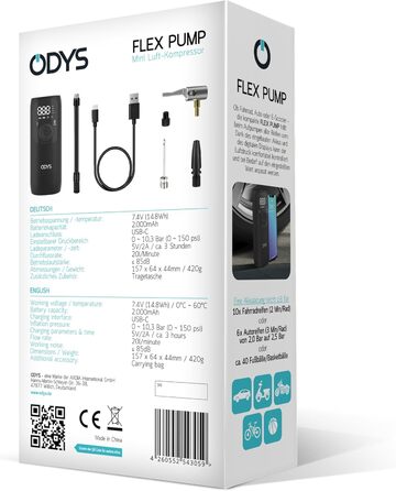 ODYS FlexPump акумуляторний портативний електричний компресор-насос для авто, мотоцикла, велосипеда, самоката, м'ячів (0-10 Бар, 0-150 PSI, 2000 мАг, зарядка USB-C, цифровий дисплей, LED-підсвітка)