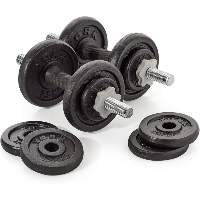 Гантелі York Fitness 20 кг зі змінними дисками, чавунні, набір 2 шт, чорні, регульовані спінлоки
