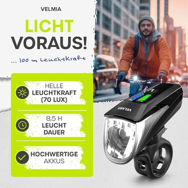 Набір велосипедних LED фар VELMIA, StVZO, USB-акумулятор, водостійкі, 8,5 год роботи, переднє 70 Люкс + заднє світло, золото