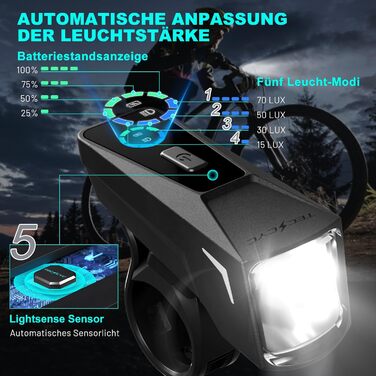 Велофара TECHCYC з датчиком освітлення, LED, до 70 Люкс, StVZO, USB, IPX6, 2500 mAh (передня) & 300 mAh (задня)