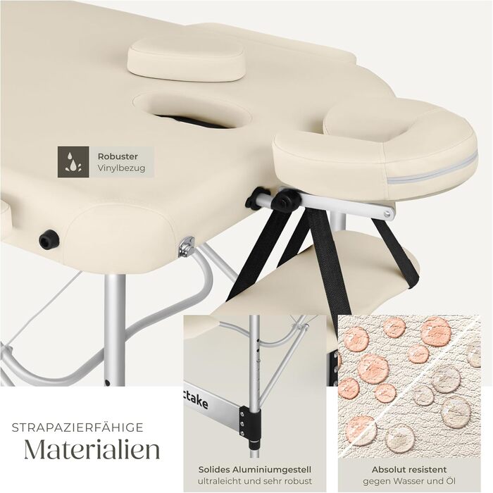 Масажний стіл Tectake® 3 зони, складаний, з регулюванням висоти, алюмінієвий, з аксесуарами (підголовник, підлокітники, сумка) - бежевий