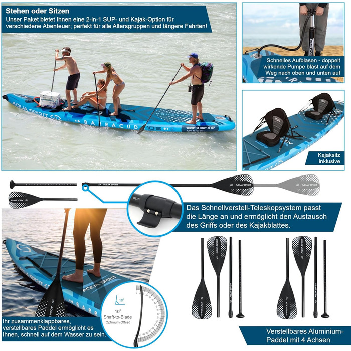 Надувна SUP-дошка Aqua Spirit 2024, комплект з веслом, рюкзаком і насосом, розміри 320x81x15 см / 457x91x15 см, для дорослих початківців та експертів, 2 роки гарантії