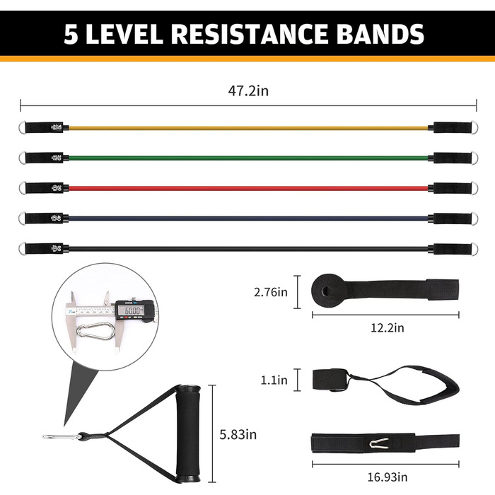 Набір еластичних стрічок для домашніх тренувань, фітнес-стрічки для жінок та чоловіків, 5 стрічок, навантаження до 68 кг, з дверним кріпленням та кісточковими ременями, для розвитку м'язів
