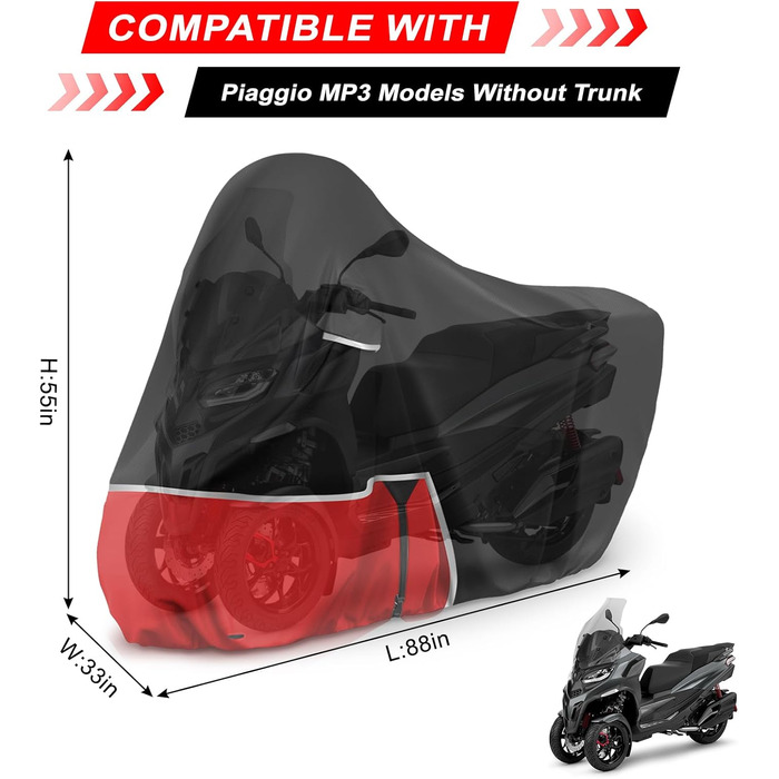 Водонепроникний чохол для мотоцикла Piaggio MP3 400/500 (з багажником) - чорний/червоний, 420D Oxford, зимовий, захисний