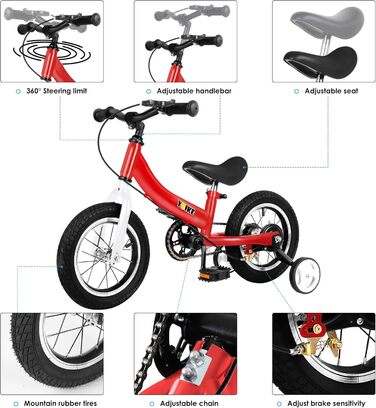 Дитячий велосипед YBIKE 2-в-1: біговел та велосипед, 12/14/16 дюймів, з гальмами та педалями, для дітей 1-7 років (червоний, 14 дюймів)