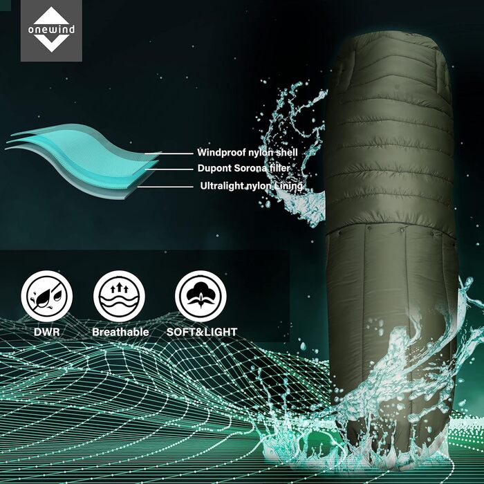 Спальний мішок OneWind для гамака, 3 сезони, теплий плед, пончо, захист від холоду, ізоляція, для кемпінгу, хайкінгу, зелений, 2°C~10°C (Deluxe), 2.3M x 1.6M