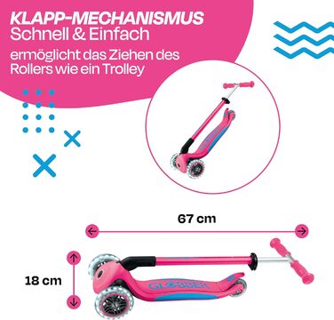 Дитячий самокат GLOBBER Primo Foldable Plus Lights з LED колесами, 3-колісний, регульований, для дітей від 3 років, 120/80 мм, підшипники ABEC 5