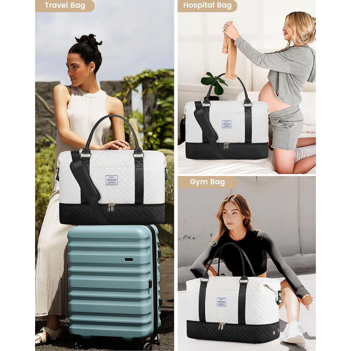 Спортивна сумка LOVEVOOK для жінок з відділенням для взуття, ручна поклажа, дорожня сумка, сумка для вихідних, містка для спортзалу, пляжу, подорожей, пологів (L-2шт, Бежевий, Чорний)