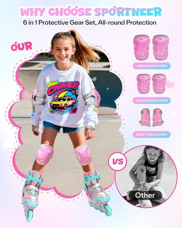 Дитячі ролики Sportneer з регульованим розміром 30-41, комплект з 6 захисними елементами, LED ролики для дівчаток та жінок, рожевий колір, розмір L (EU 38-41)