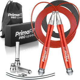 Скакалка PrimaFIT для дорослих 3м, регульована з обважнювачами, 2 підшипники, антиковзні ручки, сталева мотузка, для боксу, MMA, кросфіту, з чохлом, червона