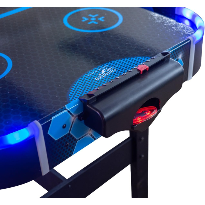 Airhockey стіл Aurora-XT від Carromco – великий стіл для аір-хокею з LED підсвіткою для дітей та дорослих від 7 років, 131x62x79 см, з LED шайбами та пушером, блок живлення