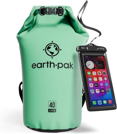 Earth Pak Packsack Rolltop 40L - Водонепроникний рюкзак з водонепроникним чохлом для телефону – для каякінгу, піших прогулянок, кемпінгу, риболовлі, катання на човні та рафтингу (Морська піна, 40L)