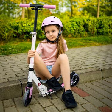 Самокат міський Bergen City Scooter Sonic - алюмінієвий, складаний, колеса PU 145мм, амортизатор, гальмо заднє, регулювання висоти, для дітей від 5 років, легкий, наклейка на деку (білий, чорний, рожевий)