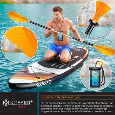 Весло KESSER® Paddle Doppelpaddel з 4 частин для каяка, SUP, стенд-ап паділбордингу, 228 см, алюміній. Підходить для надувного човна, весло для стенд-ап паділбордингу. В комплекті: страховий шнур, чохол для телефону, надувне весло Orange