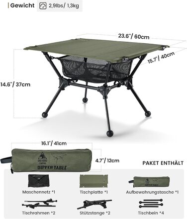 OneTigris Dipper: Складаний туристичний стіл для кемпінгу та риболовлі, 60 x 40 x 37 см, Ranger Green