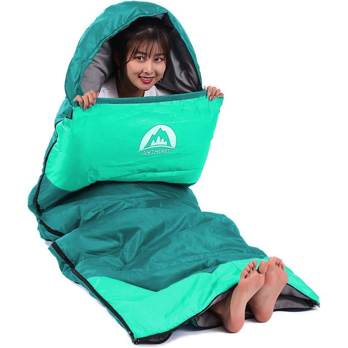 Спальний мішок SWTMERRY для 3-4 сезони (літо, весна, осінь, зима) – теплий та холодний клімат, легкий, для підлітків та дорослих, для походів, рюкзакових подорожей та кемпінгу. (Односпальний, смарагдовий)