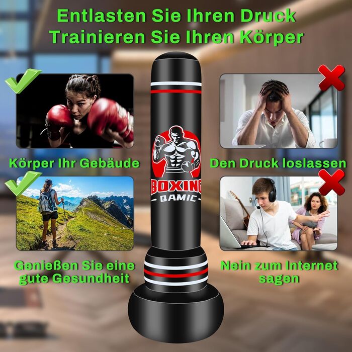 Важкий боксерський мішок QAMIC на підставці, 180 см, для дорослих, з боксерськими рукавичками та насосом, PVC 0,5 мм, для MMA, Муай Тай, фітнесу та тренувань