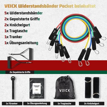 Набір еластичних стрічок для фітнесу VEICK: 11 шт. для калістеніки, пілатесу та фітнесу
