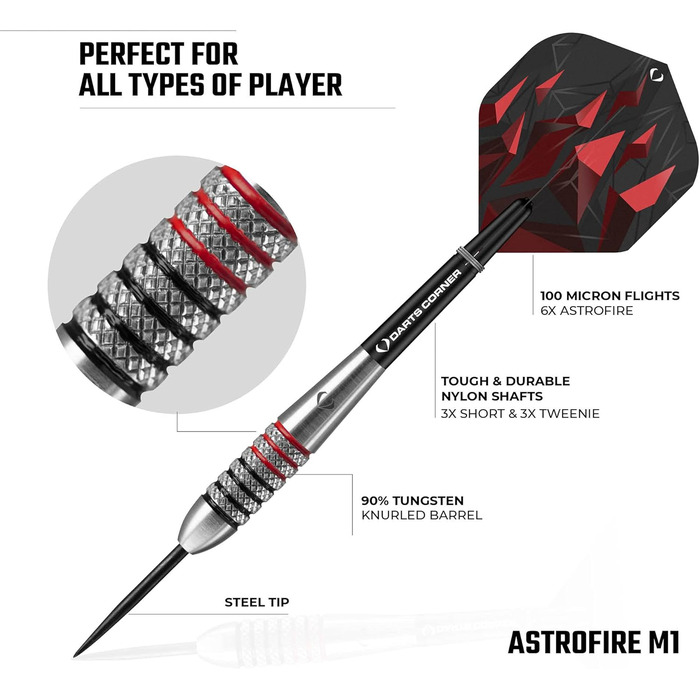 Набір дартсів Darts Corner Astrofire, корпус 90% вольфрам, сталеві наконечники, 6 флайтів, 6 шафтів, картка та кейс