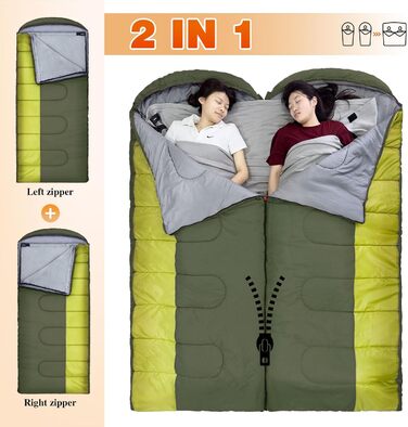 Спальний мішок Outdoor для дорослих, машинного прання, зимовий, водонепроникний, 3-4 сезони, з компресійним мішком, для кемпінгу, походів, подорожей, 0°C-Комфорт, Чорний (Оливковий), 220x85CM-L