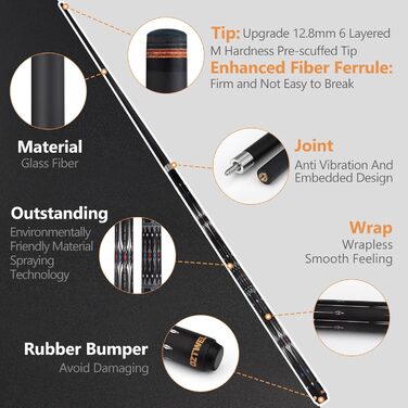 Професійний набір для більярду з чохлом, 12,5 мм скловолоконний кий, набір київ для більярду, 147,3 см, з рукавичками, вентилятором, 540 г