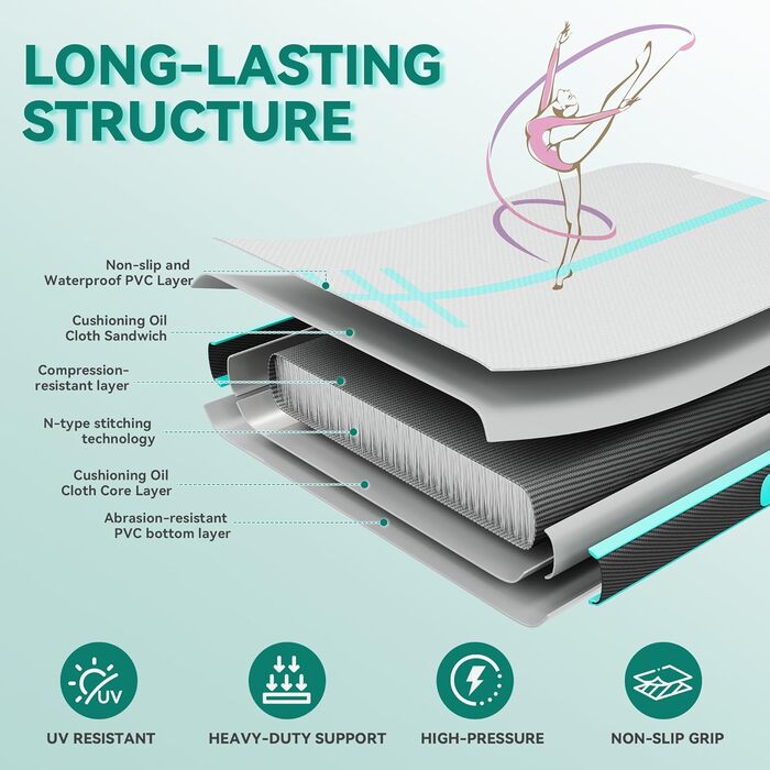 DWVO Килимок для гімнастики та акробатики Air Matte Track, 3/4M, 10см, з повітряним насосом, для тренувань, йоги, фітнесу, акробатики, гімнастики, на відкритому повітрі, зелений