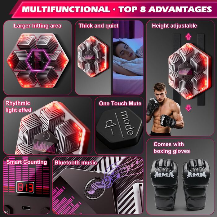Музична боксерська машина для дорослих - 16 швидкостей, 14 режимів, Bluetooth, LED-підсвічування, з підрахунком ударів