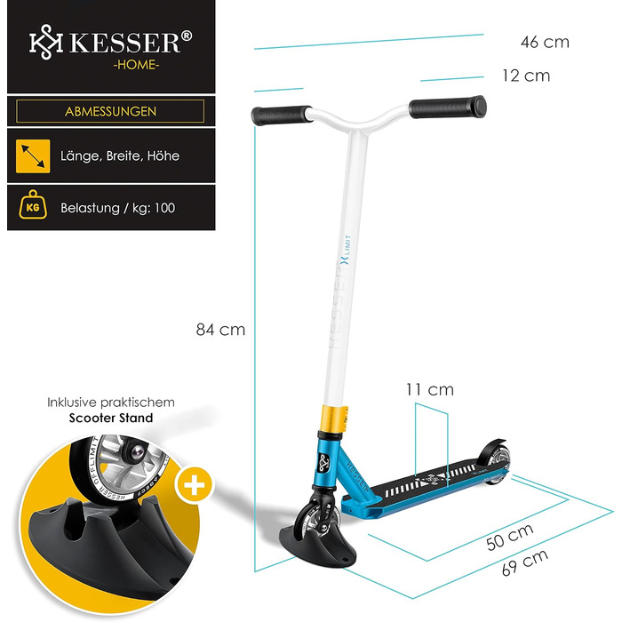Трюковий самокат KESSER X-Limit-Pro 360° з підніжкою, підшипники ABEC 9, 110 мм PU колеса, для дітей і дорослих, Petrol Blue/White
