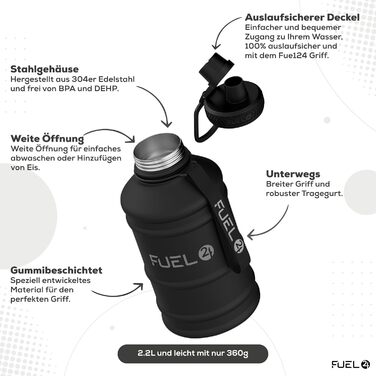 Металева пляшка для води Extra Stark 1.3L та 2.2L (2200 мл) - Без витоку, BPA-Free, для спорту та фітнесу, чорна