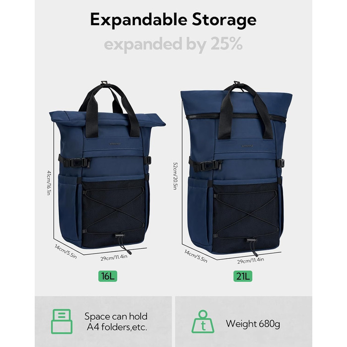 Рюкзак WATERFLY Rolltop 16-21л для чоловіків і жінок, стильний міський рюкзак із відділенням для ноутбука 16'', універсальний для школи, роботи, подорожей і спорту