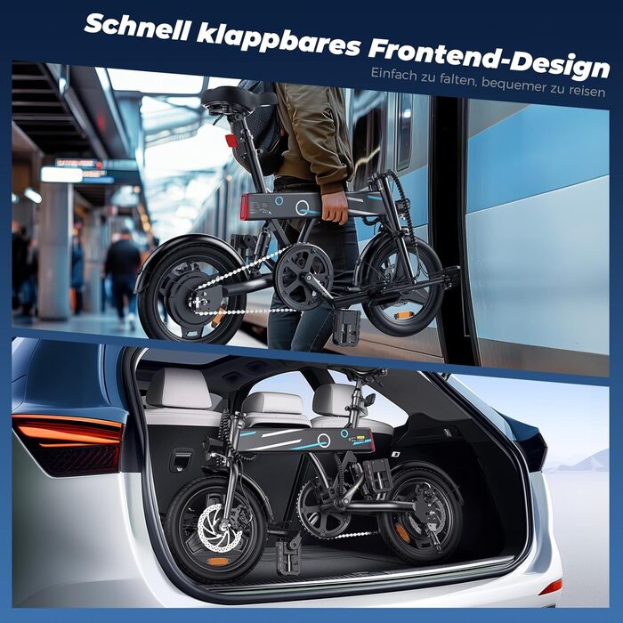 Складаний електровелосипед Finbike 14/16 дюймів, 250 Вт, акумулятор 7.8Ah, швидка зарядка 3 год, 3 режими їзди, запас ходу до 45 км, для дорослих і підлітків