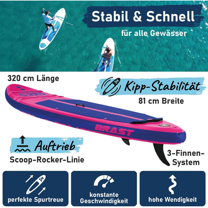 SUP дошка BRAST Summer надувна, 320x81x15 см, рожева: комплект з аксесуарами (рюкзак, весло 2-в-1, сидіння для каяка, тримач для екшн-камери, ліш)