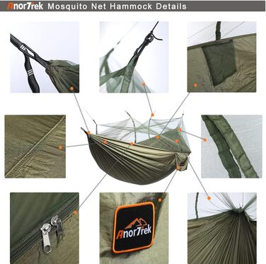 Гамак для кемпінгу AnorTrek з москітною сіткою, подвійний та одинарний, з ременями для дерев та карабінами, для кемпінгу, подорожей та хайкінгу, блакитний/темно-синій (армійний/зелений, 300 x 200 см)