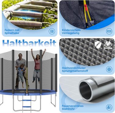 Трамплін Sekey Outdoor 244/305/366 см - сертифікований TÜV Rheinland GS, дитячий, для саду з безпечною драбиною, посиленим захисним сіткою та захисним бордюром (Блакитний, 366 см/12 футів)