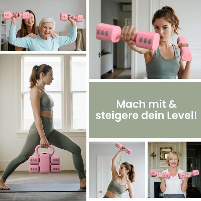 Регульований набір гантелей 2-в-1 для жінок – 4 рівні (1-5,5 кг) – обладнання для фітнесу вдома – зелені гантелі (рожевий)