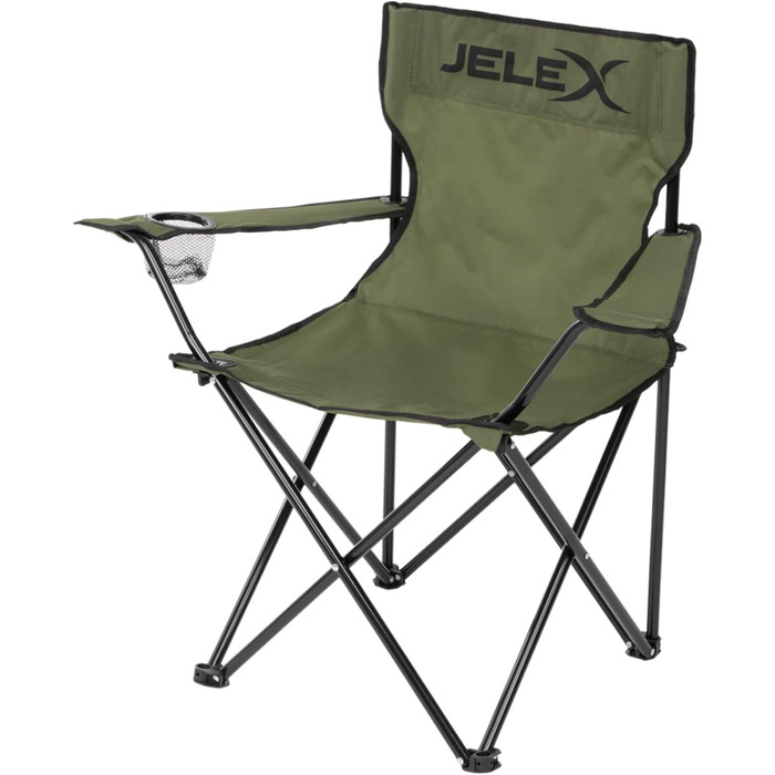 Кемпінговий стілець JELEX Expedition зі спинкою, підлокітниками та тримачем для напоїв, легкий у складанні. Водо- та брудовідштовхуючий, колір: зелений