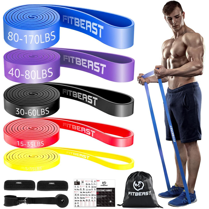 FitBeast Резистентні гумки для фітнесу, набір 5 рівнів, для силових тренувань, кросфіту, м'язового розвитку, домашніх тренувань, мобільності та розтяжки (5-170 LBS)