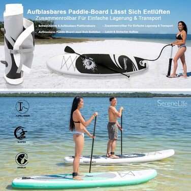 Надувна SUP-дошка SereneLife з повним комплектом аксесуарів: весло, насос, антиковзке покриття, рюкзак для перенесення, для дітей та дорослих, чорна та сіра