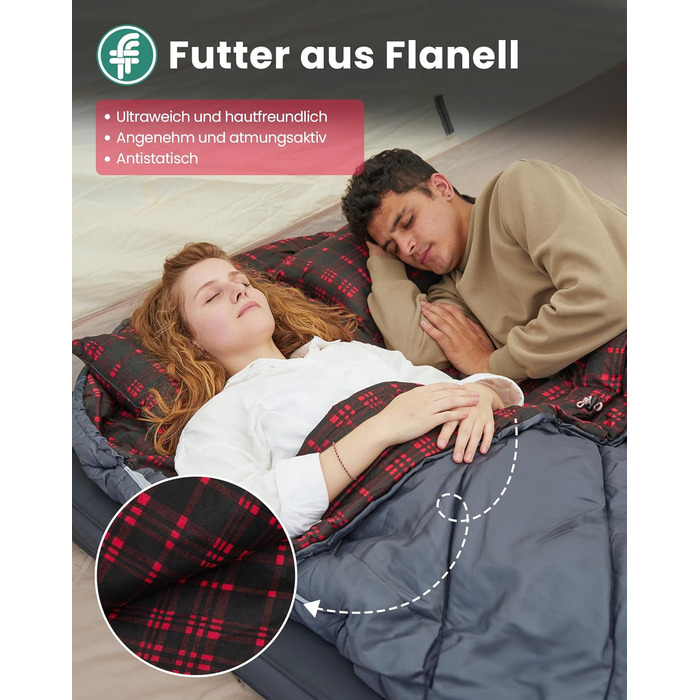 Сплячий мішок KingCamp для 2 осіб з фланелі, зимовий, 3-4 сезони, з подушками, для кемпінгу та відпочинку на природі (сірий)