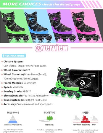 Роликові ковзани Kuxuan для дітей та підлітків, регульовані, зі світлодіодами, розмір Large (EU 37.5-41)
