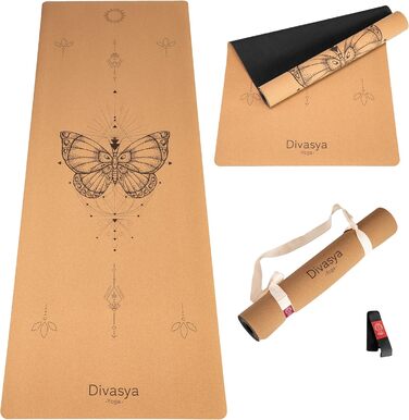 DIVASYA Преміум йога-мат з корку та каучуку, нековзкий, екологічний, розмір 183x66x0,4 см, з ременем для перенесення, без шкідливих речовин