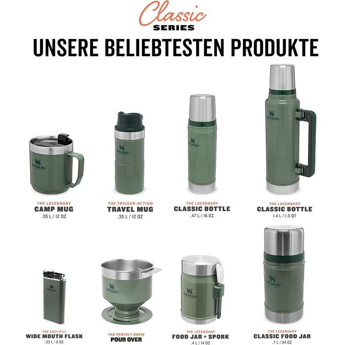 Термос Stanley Classic Legendary 1L Hammertone Green - Збереження тепла/холоду 24 години, з нержавіючої сталі, BPA Free, для подорожей